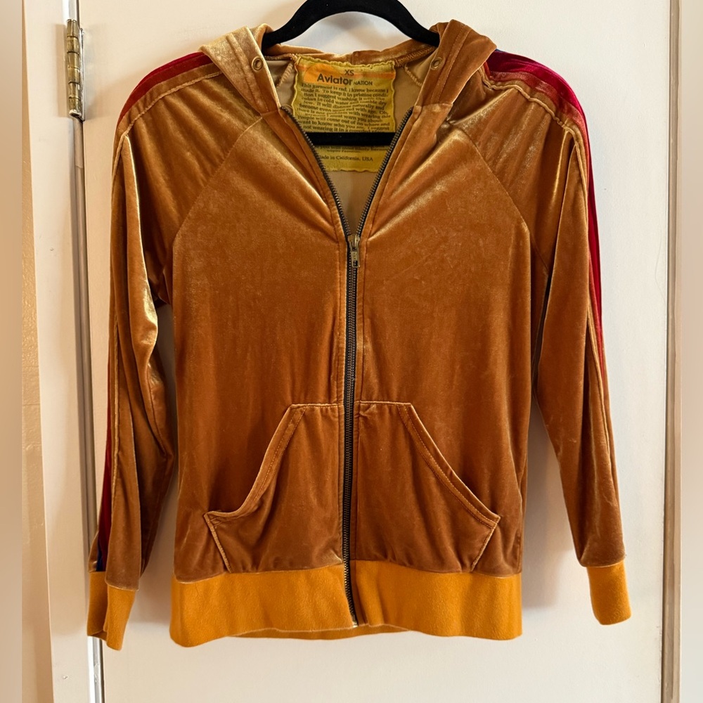 Aviator Nation Gold Velour Zip Up Hoodie